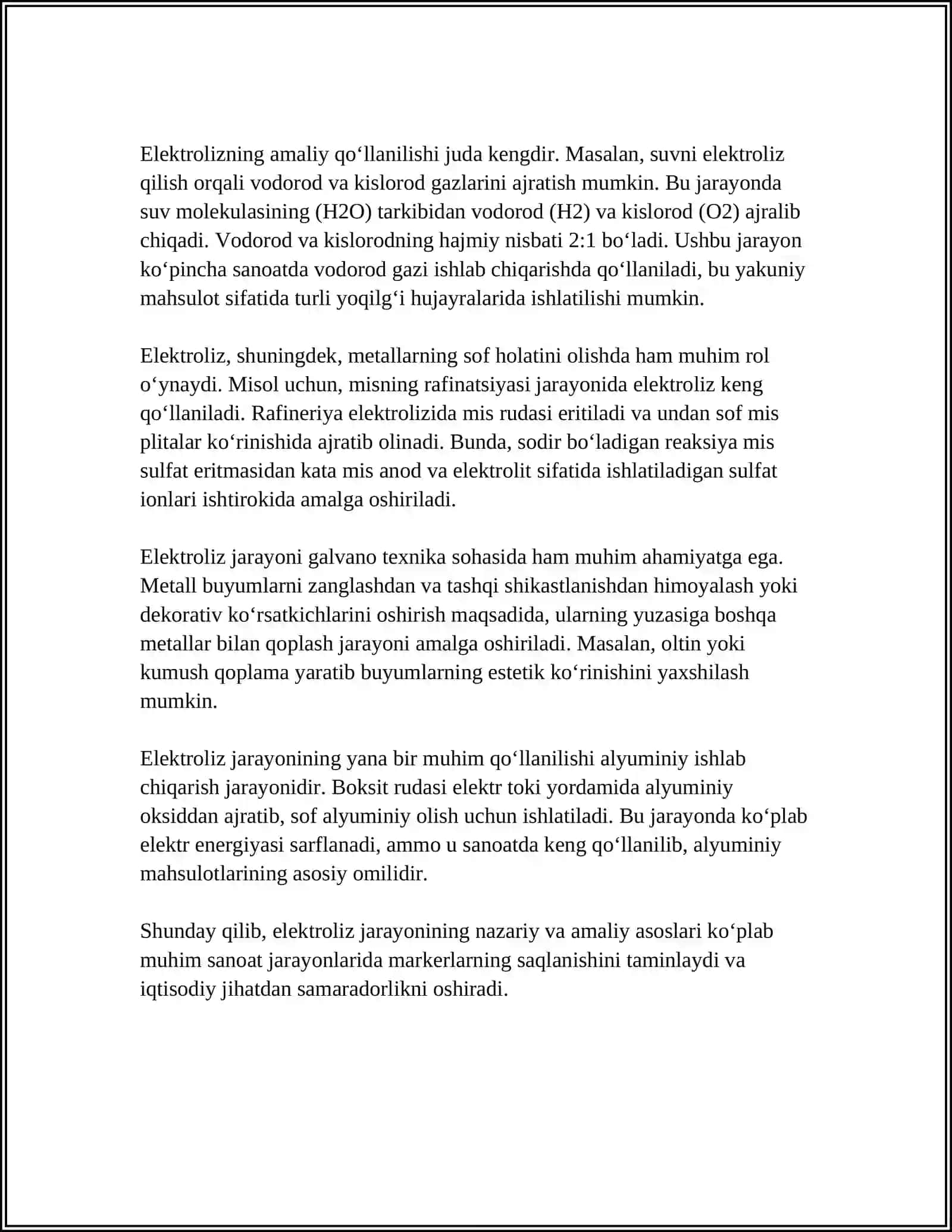 ELEKTROLIZ. FARADEY QONUNLARI. ELEKTROLITIK ERITMALAR VA SUYUQLANMALARNING ELEKTROLIZI 4