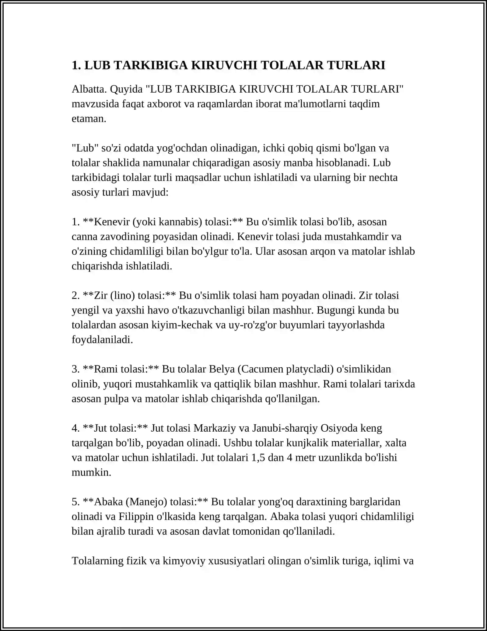 LUB TARKIBIGA KIRUVCHI TOLALAR ASSORTIMENTI BO'YICHA INTERNET MALUMOTLARIDAN FOYDALANISH 4