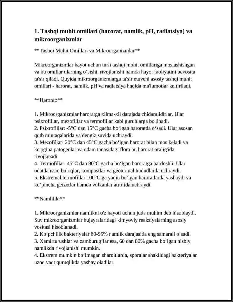 MIKROORGANIZMLARGA TASHQI MUHIT TAʼSIRI. ANTIBIOTIKLAR VA XIMIOTERAPEVTIK PREPARATLAR. MIKROORGANIZMLAR EKOLOGIYASI. SUV, TUPROQ, HAVO MIKROFLORASI. ODAM ORGANIZMI NORMAL MIKROFLORASI. DISBAKTERIOZ HAQIDA TUSHUNCHA. 4