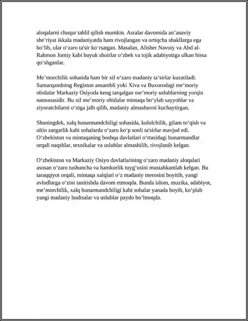 OZBEKISTON MARKAZIY OSIYO DAVLATLARING MADANIY ALOQALARI 4