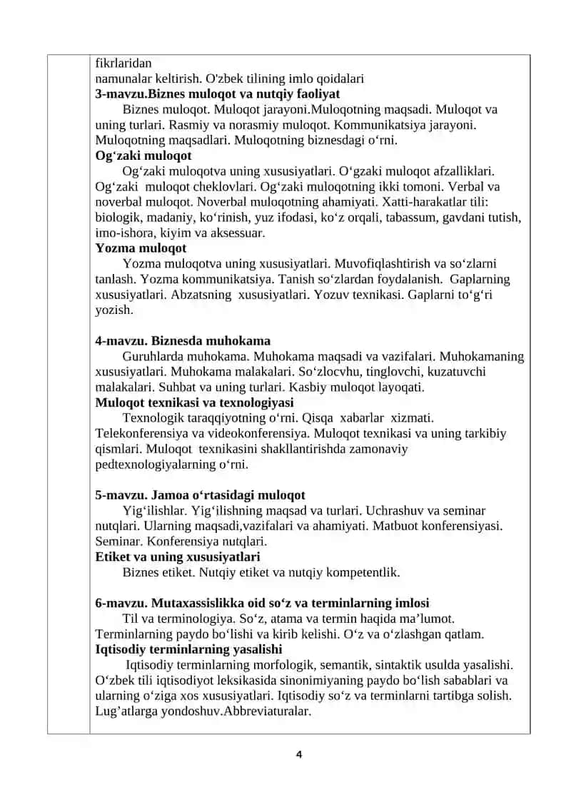 O‘ZBEK TILINING SOHADA QO‘LLANILISHI FANINING O‘QUV DASTURI (SILLABUS) 4