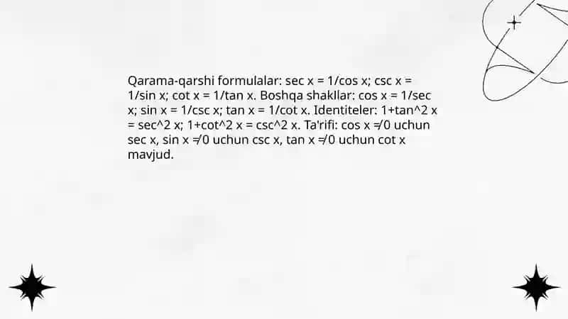 Trigometrik asosiy ayniyatlar.trigometrik formulalar 4
