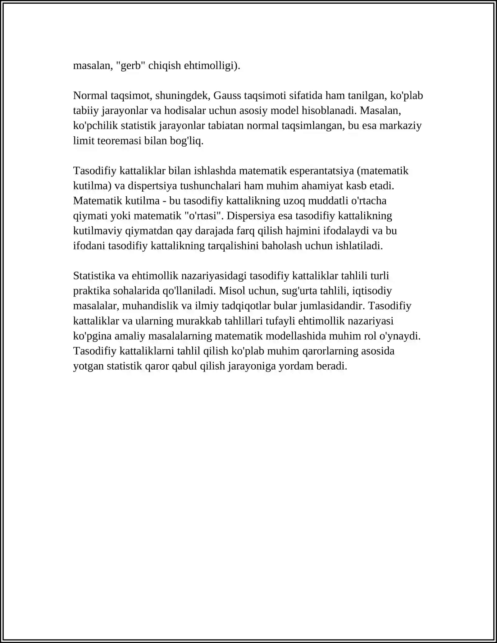 TIBBIY BIOLOGIK MASALA MISOLIDA MATEMATIK STATISTIKA ELEMENTLARNI GENERAL VA TANLOV MAJMUALARI TASODIFIY KATTALIKLAR TAQSIMOT QONUNINI YORITIB BERISH 4