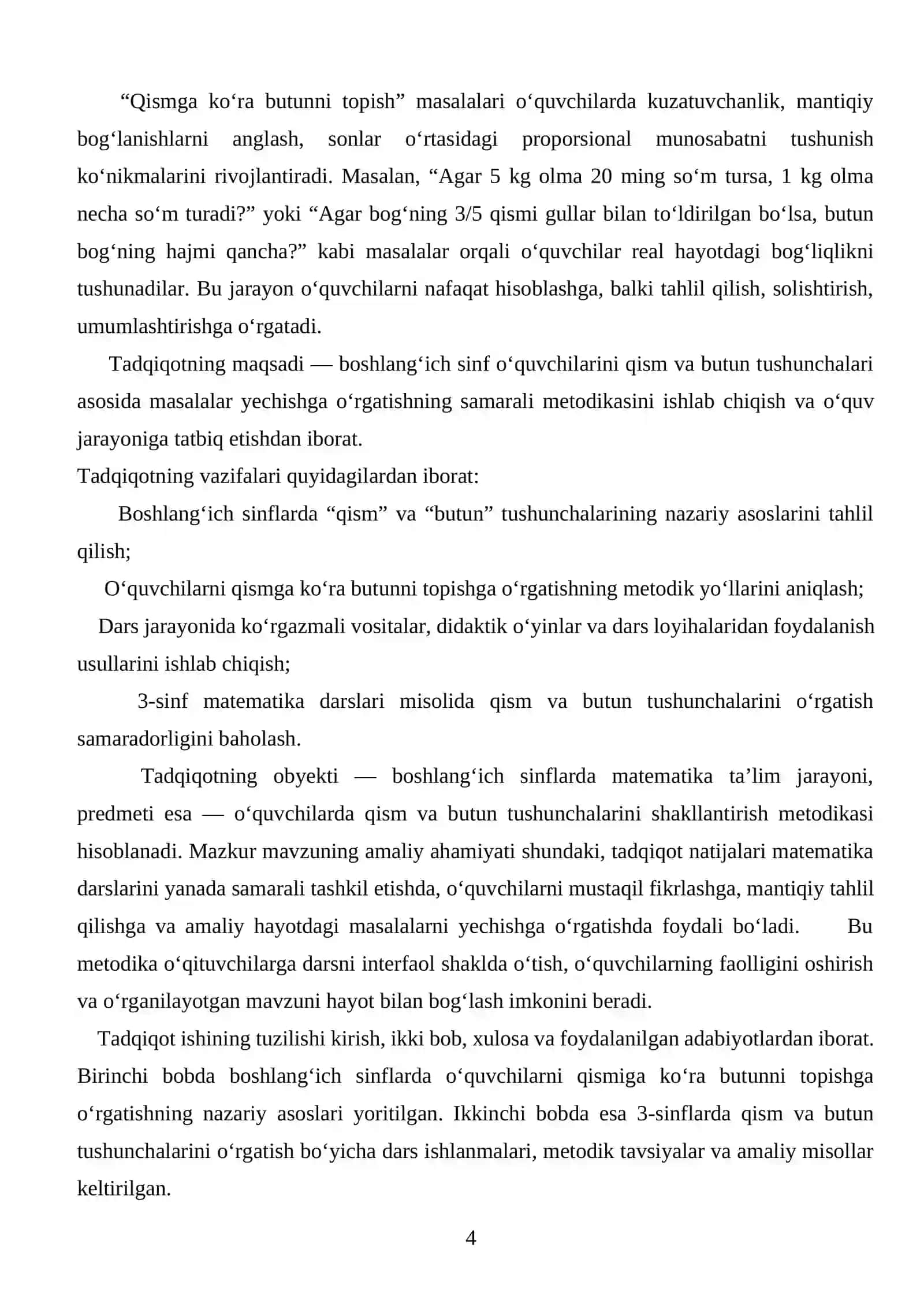 Matematika darslarida o'quvchilarni qismga ko'ra butunni topishga doir masalalar yechishga o'rgatish 4