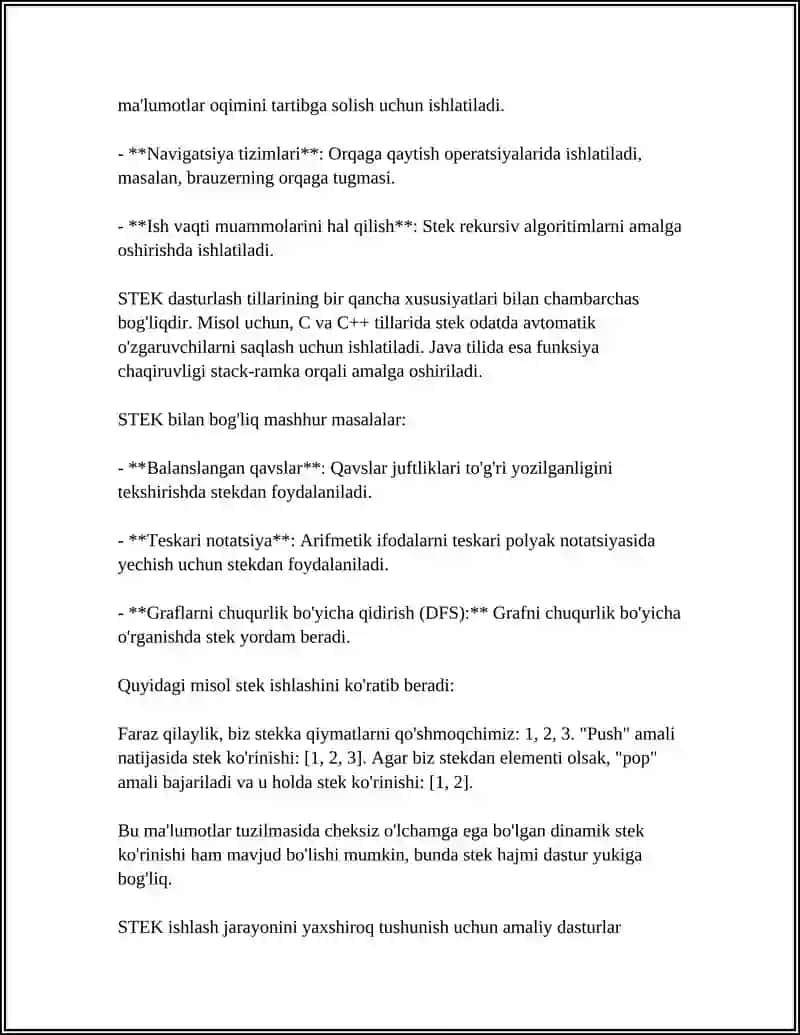 Mavzu: STEK,STEK MASSIV YORDAMIDA TASVIRLASH VA ULAR USTIDA AMAL BAJARISH ALGORITMLARI 4