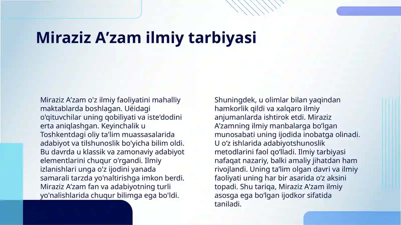 MIRAZIZ AʼZAMNING HAYOTI VA IJODIY FAOLIYATI. SAFAR BARNOEV HAYOT VA IJODI. ANVAR OBIDJON IJODI OʻZBEK BOLALAR ADABIYOTIDAGI YANGICHA YOʻNALISH SIFATIDA 4