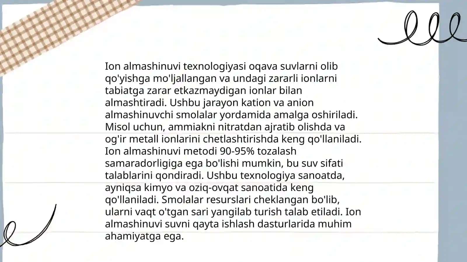 Ion almashinuv usulida toʻqimachilik korxonalarida oqava suvlarni tozalash 4