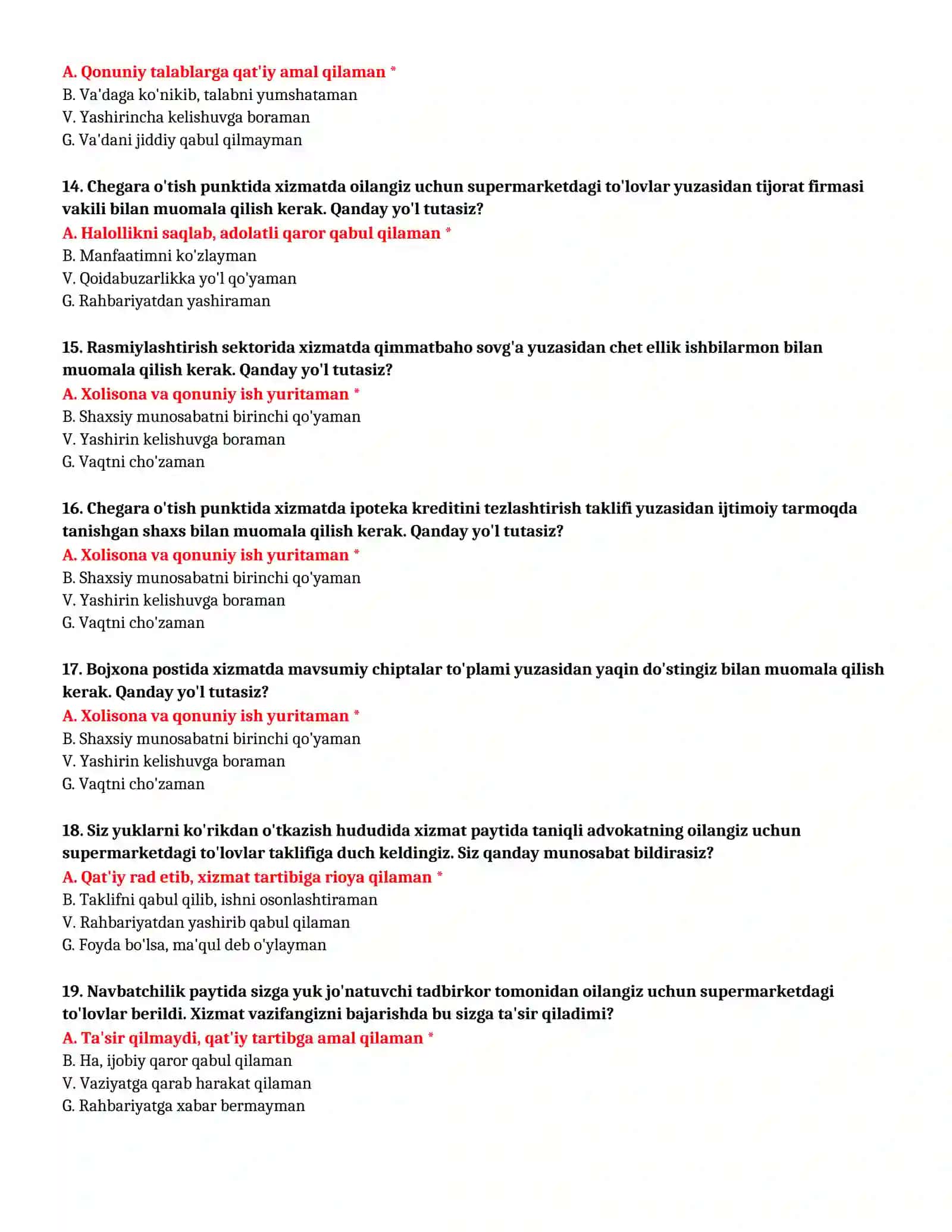 BOJXONA AKADEMIYASI - KASBIY TANLOV TEST SAVOLLARI (№ 39) 4