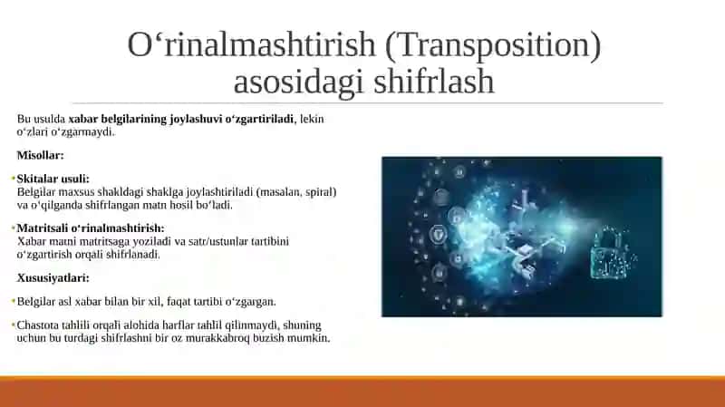 O‘RNIGA QO‘YISH HAMDA O‘RINALMASHTIRISH AKSLANTIRISHLARIGA ASOSLANGAN SHIFRLASH ALGORITMLARI 4