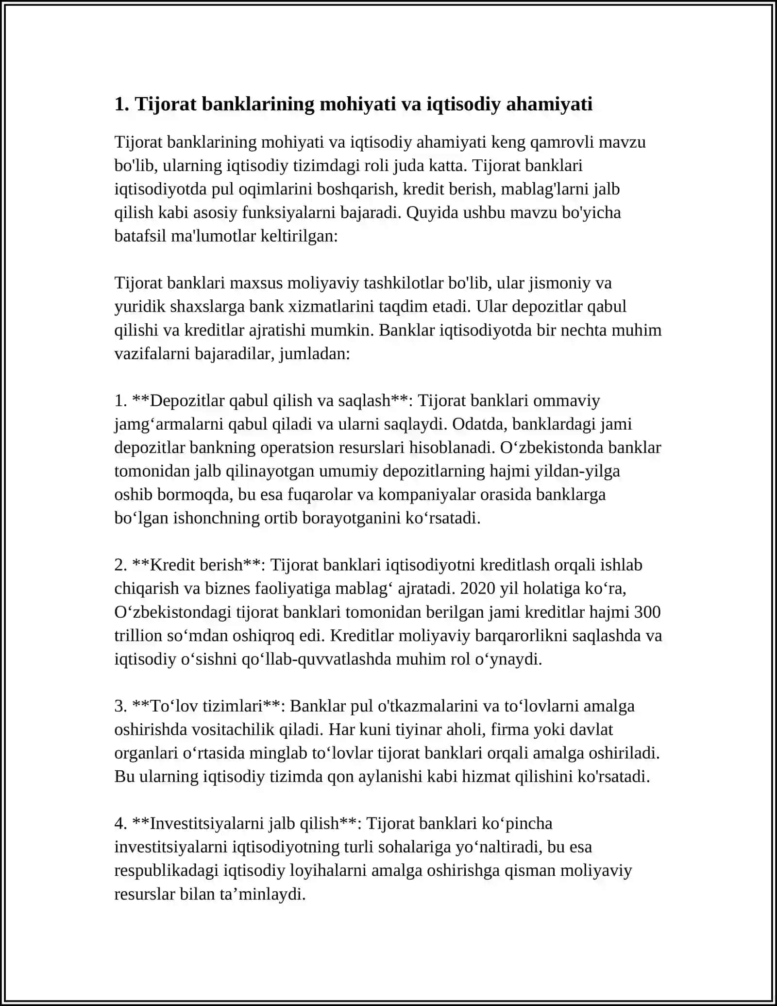 TIJORAT BANKLARINING MOHIYATI, FUNKSIYALARI VA TURLAR 4