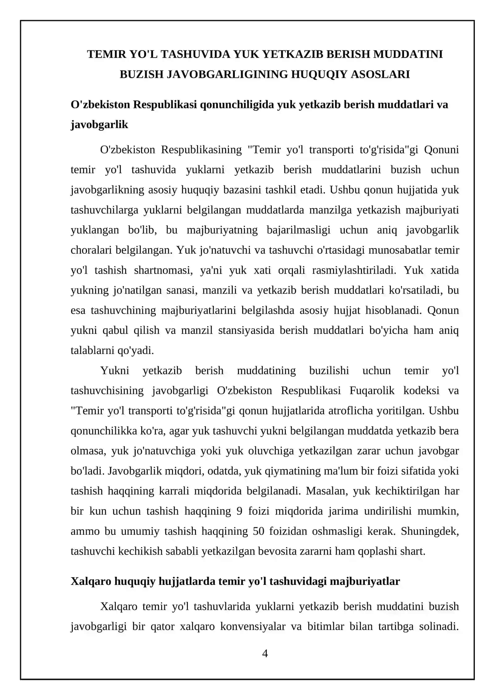 Temir yo'l tashuvida yuk yetkazib berish muddatini buzish javobgarligining huquqiy asoslari 4