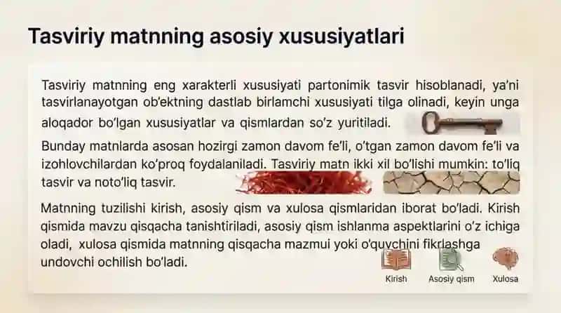 Tasviriy-tavsifiy matn yozish va uning tahlili 4