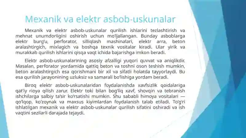 Qurilishda ishlatiladigan asbob-uskunalar va o‘lchov qurilmalari bilan tanishish 4