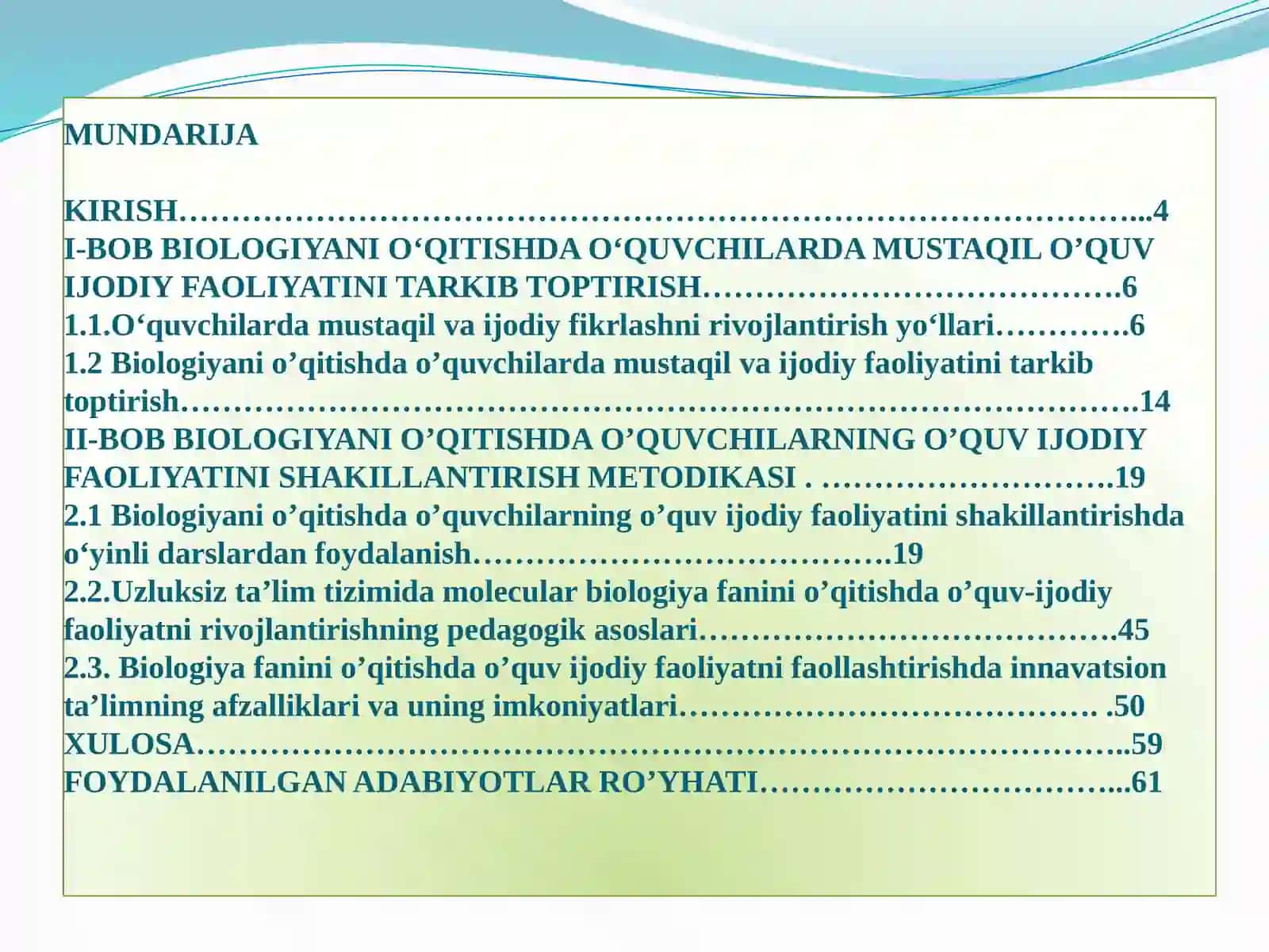 Biologiyani o’qitishda o’quvchilarning o’quv ijodiy faoliyatini shakillantirish metodikasi 4