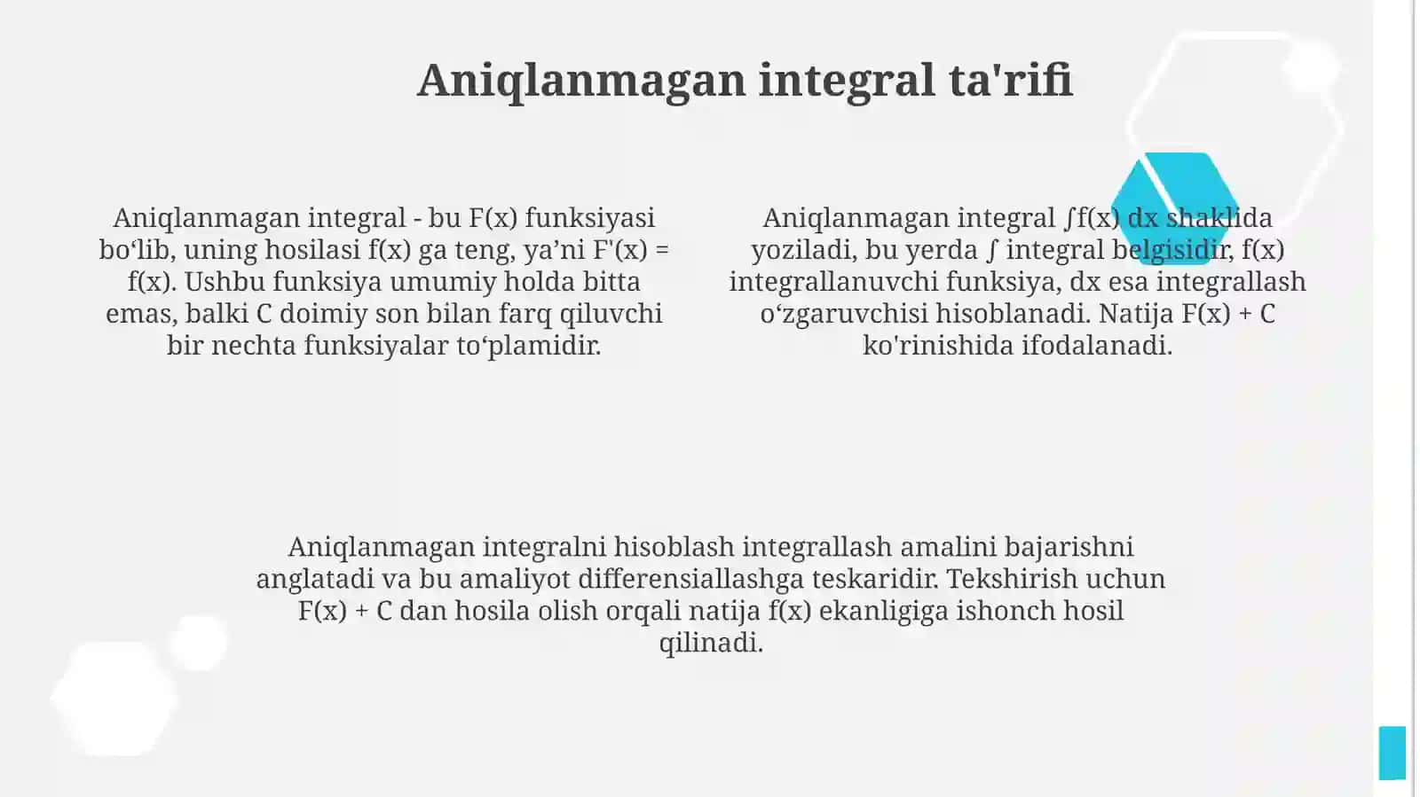 Boshlang‘ichfunksiyavaaniqmasintegraltushunchasi.Integrallarjadvalinibilish 4