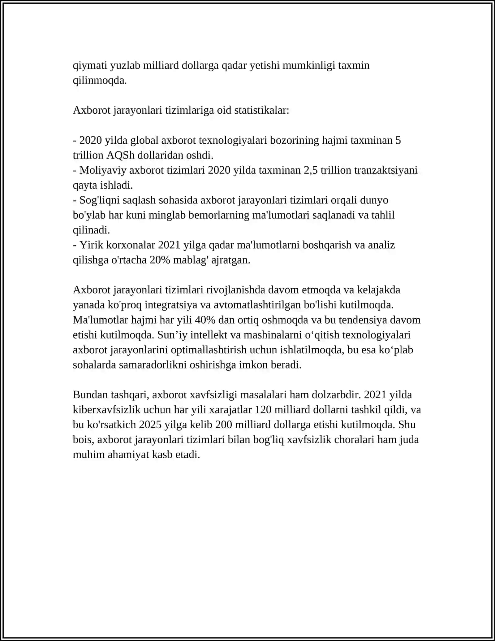 AXBOROT JARAYONLARI VA TIZIMLARI, TEXNOLOGIYALARINING O‘RNI VA IMKONIYATLARI, FANNING PREDMETI, MAQSADI VA VAZIFALARI 4