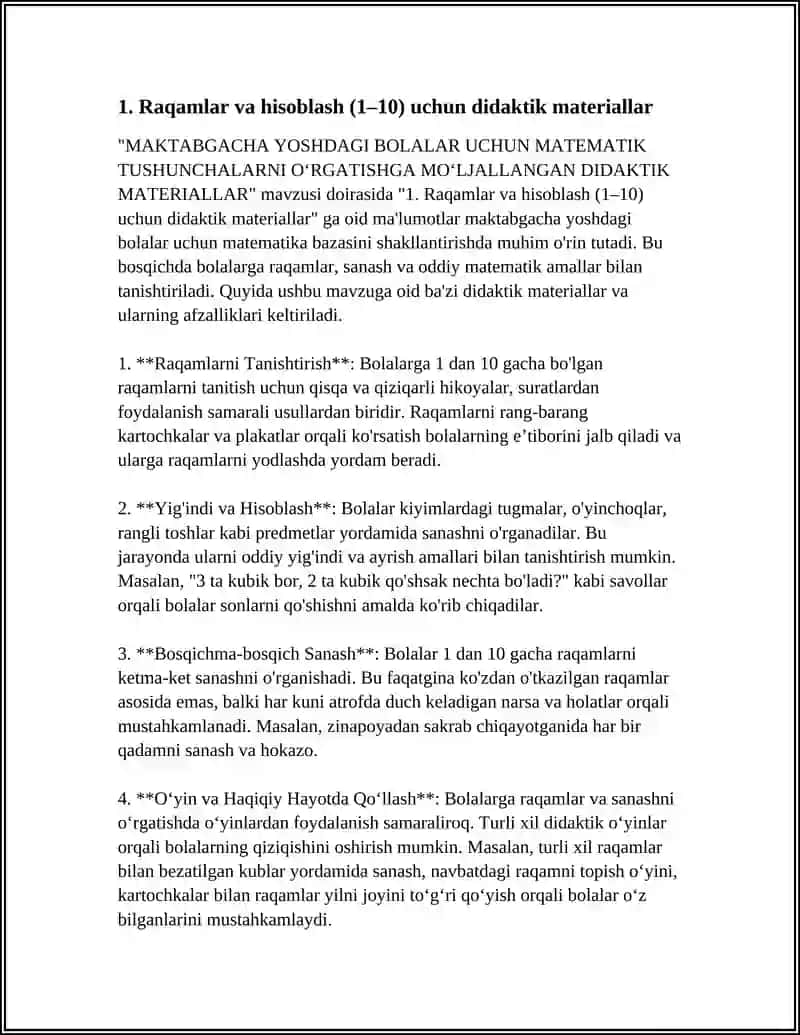 MAKTABGACHA YOSHDAGI BOLALAR UCHUN MATEMATIK TUSHUNCHALARNI OʻRGATISHGA MOʻLJALLANGAN DIDAKTIK MATERIALLAR 4