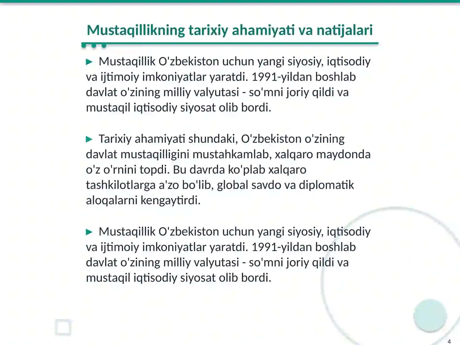 Mustaqil O'zbekiston Respublikasi tashkil topishining tarixiy ahamiyati 4