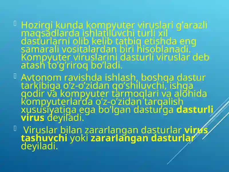 Virus tushinchasi va ularning turlari.Kompyuter viruslari: dasturiy, yuklanuvchi, makro va tarmoq viruslari.Kompyuter viruslaridan himoyalanish 4