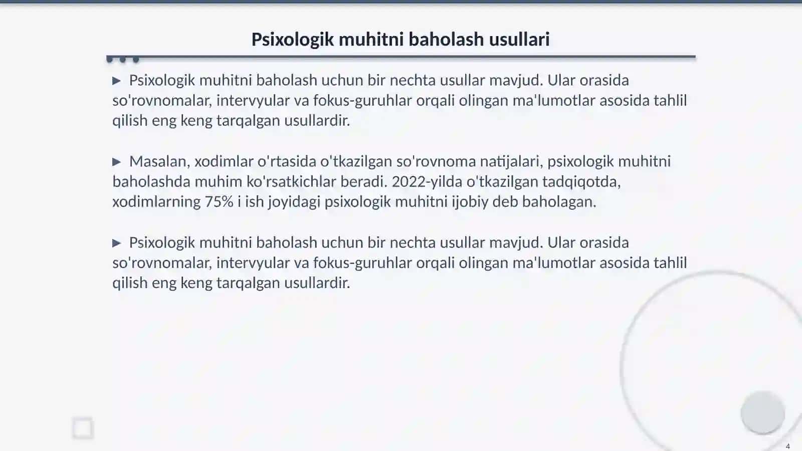 Boshqaruv PSXda personal xodimlarning psixologik muxitni yaxshilashning usullari va qoidalari 4