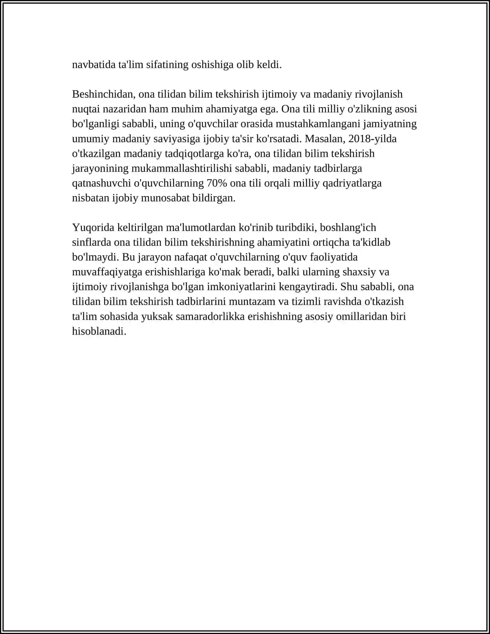 ONA TILI OʻQITISH METODIKASI FANIDAN "BOSHLANGʻICH SINF OʻQUVCHILARINING ONA TILIDAN BILIMINI TEKSHIRISH USULLARI" 4
