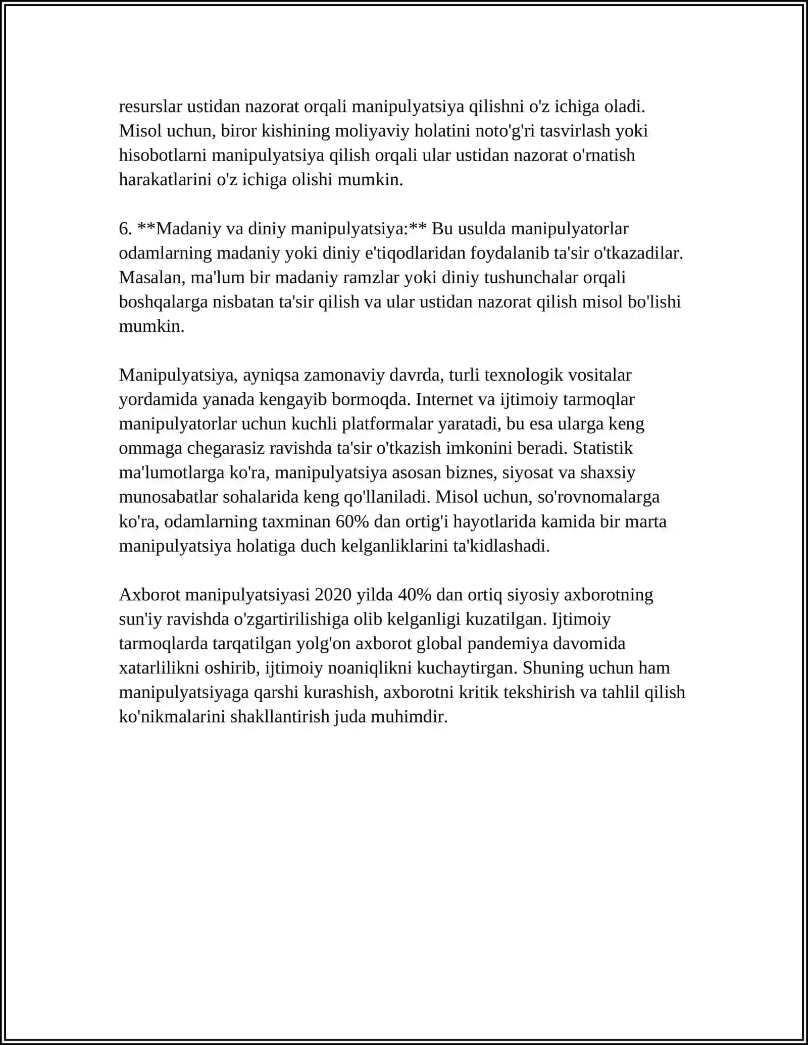 MUSTAQIL ISH Mavzu: MANIPULATSIYA ZARARLARI, KELIB CHIQISH SABABLARI 4