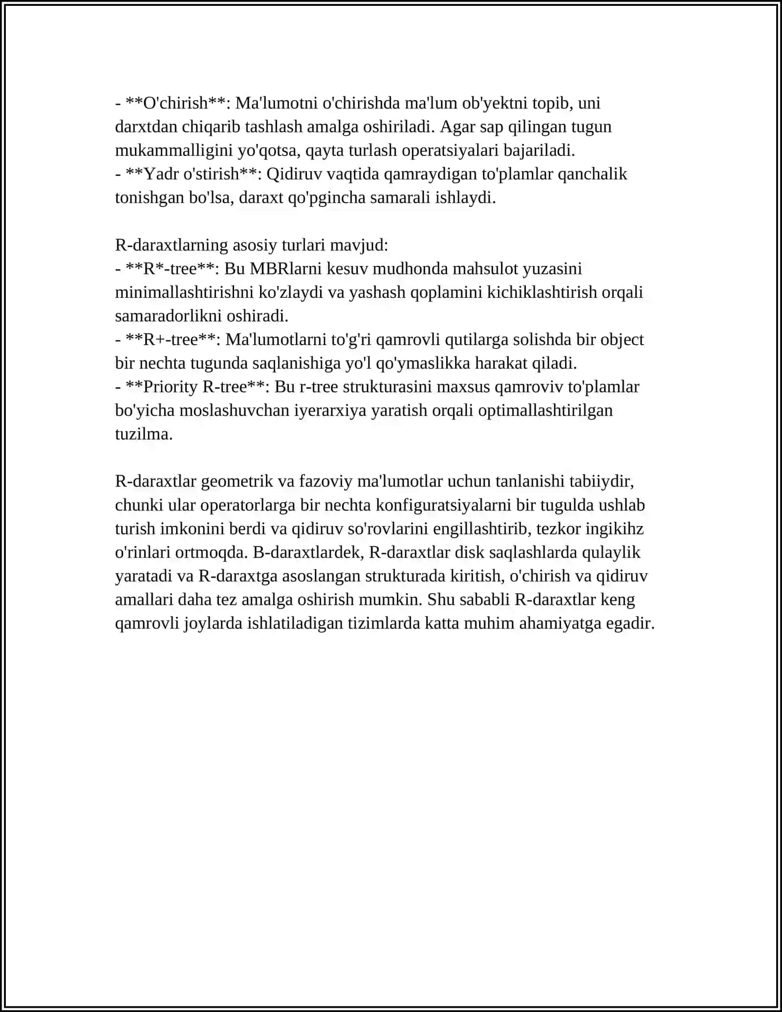 FAZOVIY INDEKS TURLARI (MASALAN, R-TREE) VA ULARNI GEOMETRIK MA'LUMOTLAR UCHUN TANLASH 4