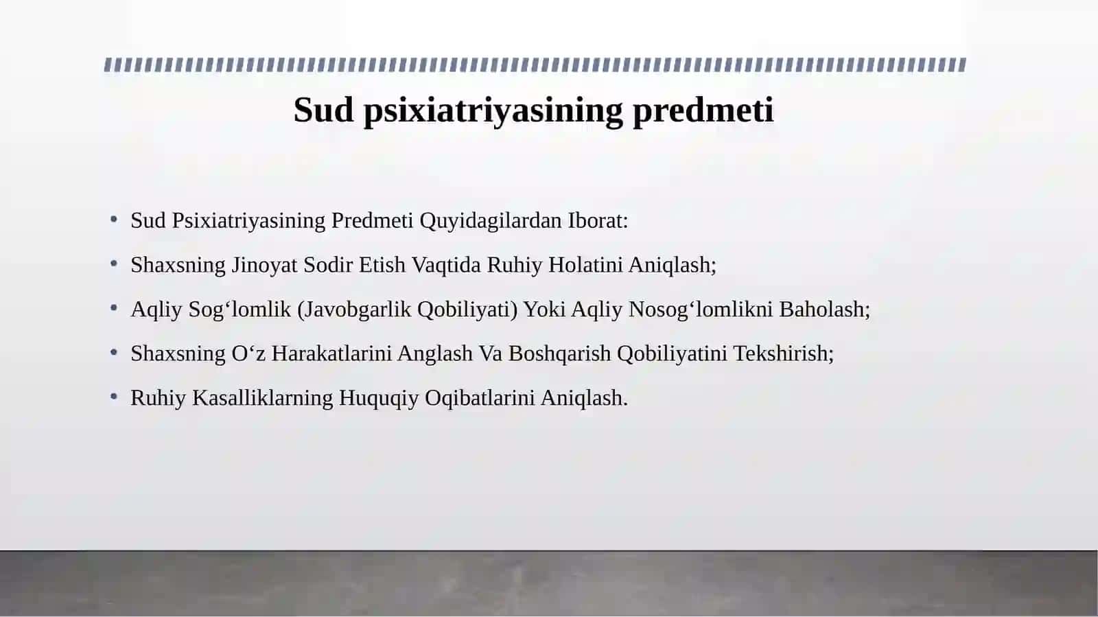 Sud psixiatriyasi asoslari. Sud psixiatriyasining predmeti va vazifalari. Asosiy maqsadlari va ahamiyati. “Psixiatriya yordami to‘g‘risida” hamda “Sud-ekspertiza to‘g‘risida”gi qonunlar. Qonunchilikka umumiy sharh. 4