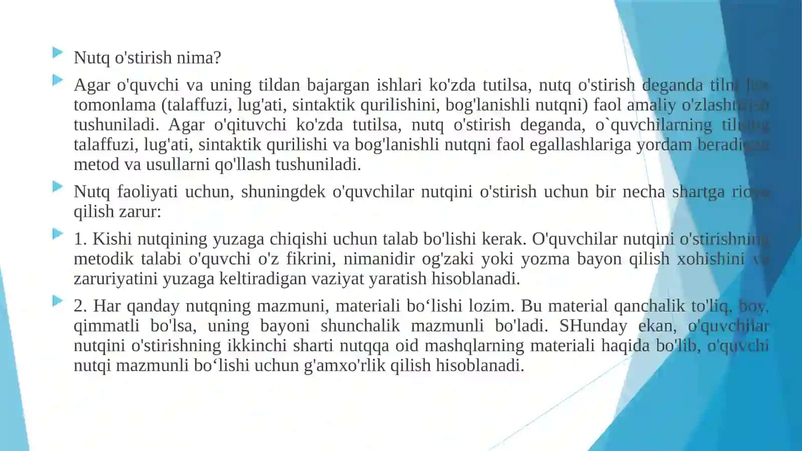 Kichik yoshdagi o‘quvchilar nutqi va ular nutqiga qo‘yiladigan talablar. Bog‘lanishli nutq. Nutqiy xatolarni bartaraf etish 4