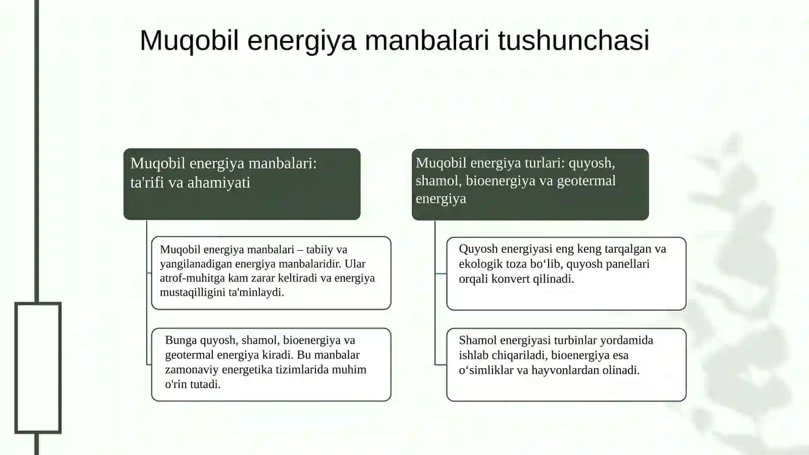 Muqobil energiya manbalarini o'zlashtirishni investitsiyalash xususiyatlari 4