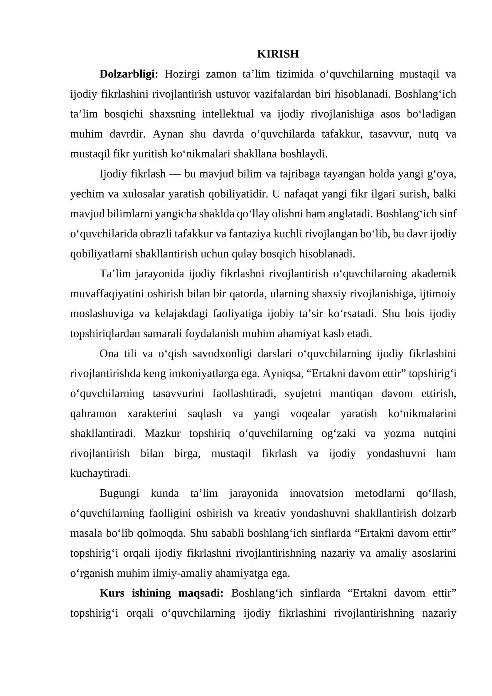 BOSHLANGʻICH SINFLARDA “ERTAKNI DAVOM ETTIR” TOPSHIRIG‘I ORQLI IJODIY FIKRLASHNI RIVOJLANTIRISH 4
