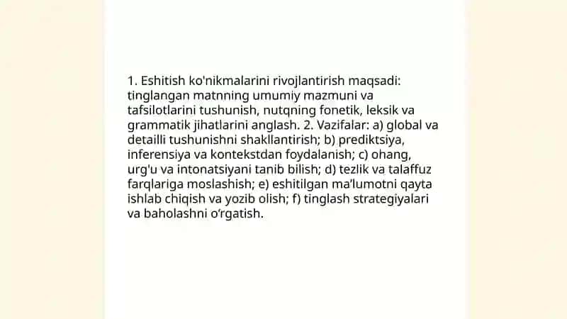Eshitishni o'qitish.Chet til darsi tuzilishi va uni tashkillashtirish 4