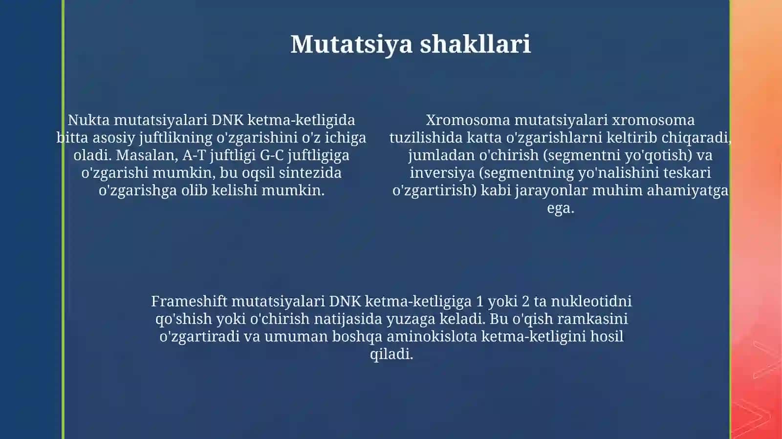 Mutatsiyalar:sabablari, shakllari, ahamiyati va biologik oqibatlari 4