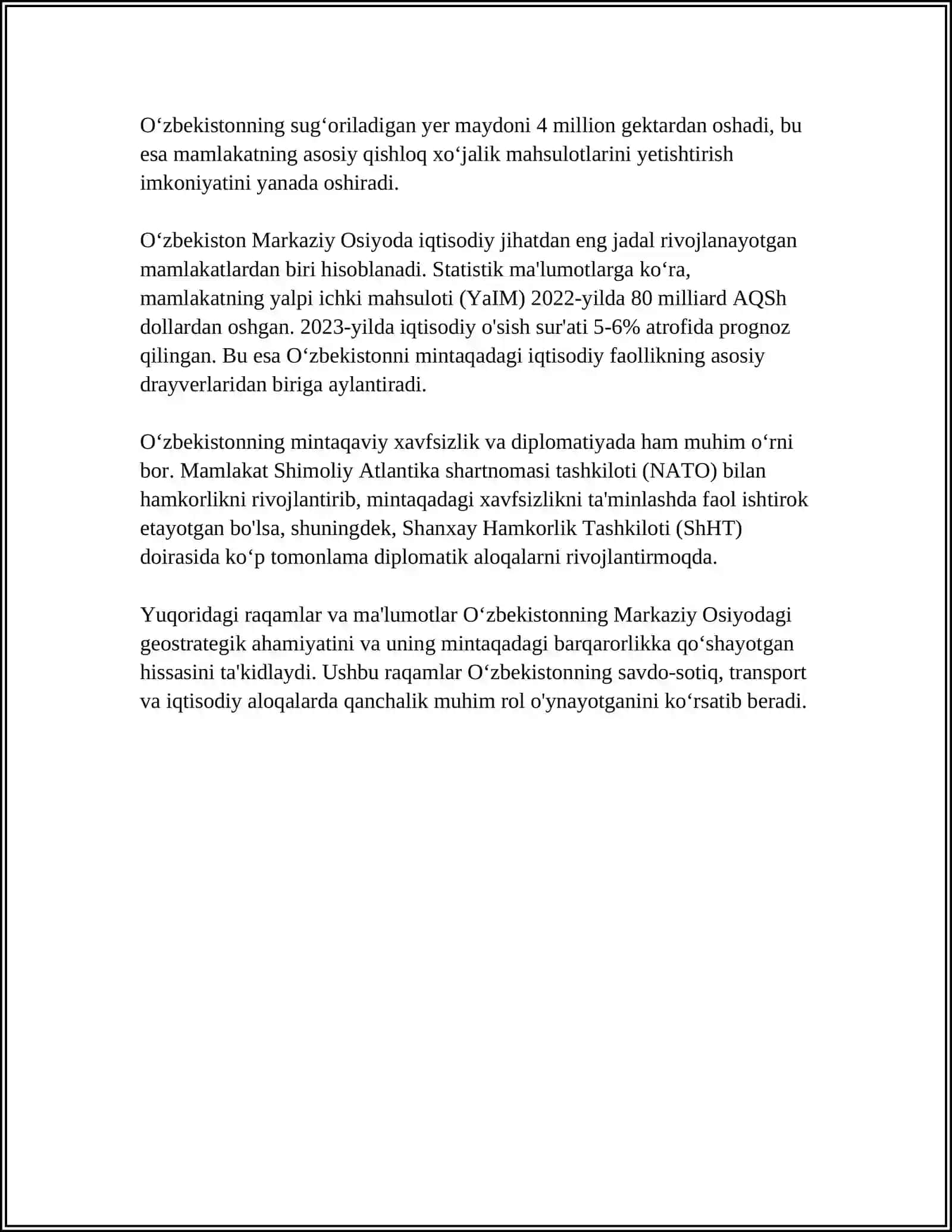 O‘ZBEKISTONNING MARKAZIY OSIYODA TINCHLIK VA BARQARORLIKNI TA'MINLASHDAGI O‘RNI 4