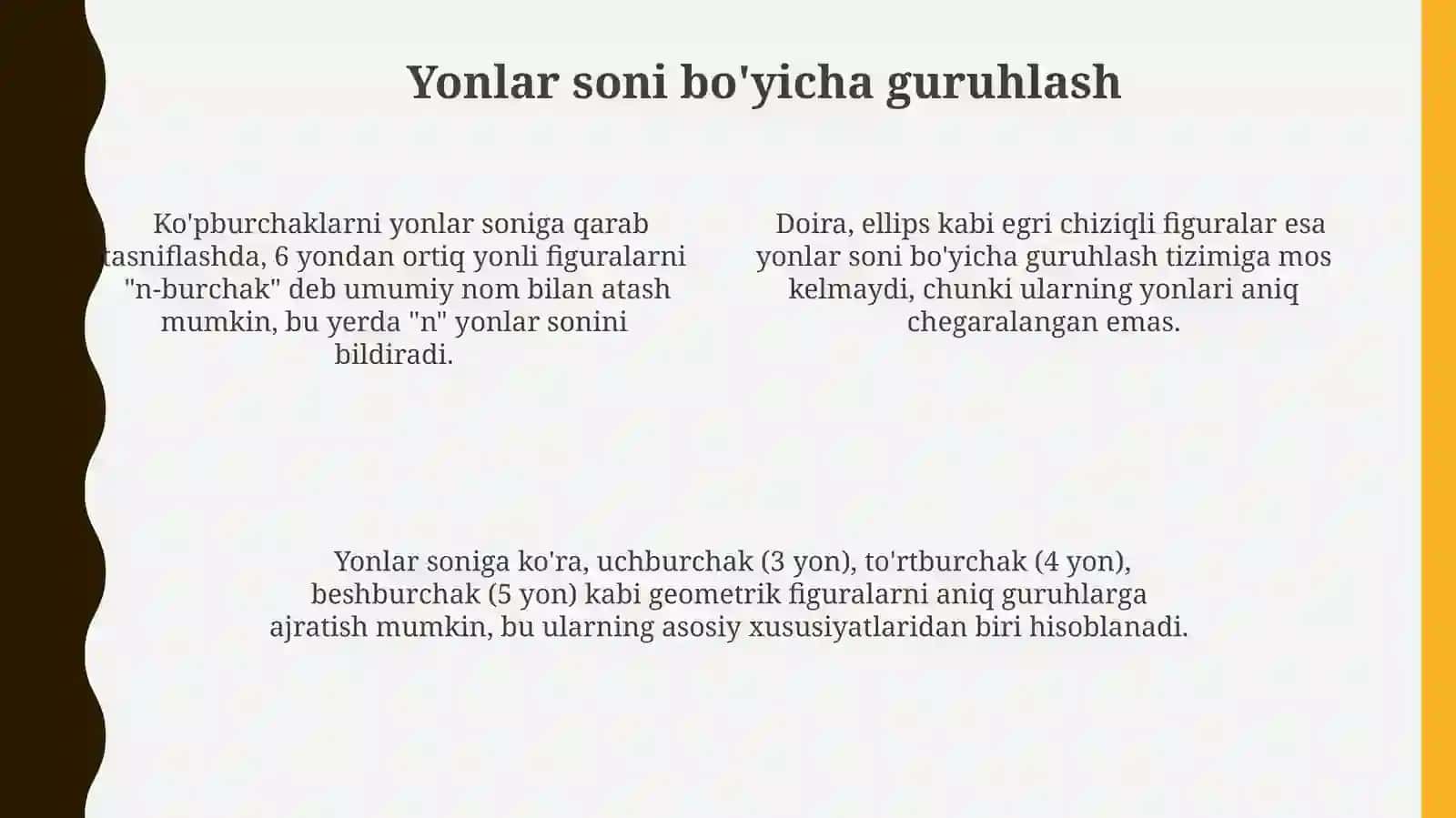 Geometrik figuralarni turli belgilar boʻyicha guruhlarga ajratish 4