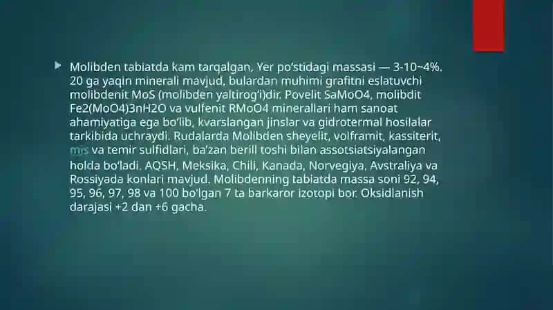 Molibden elementini inson organizmidagi ahamiyati 4