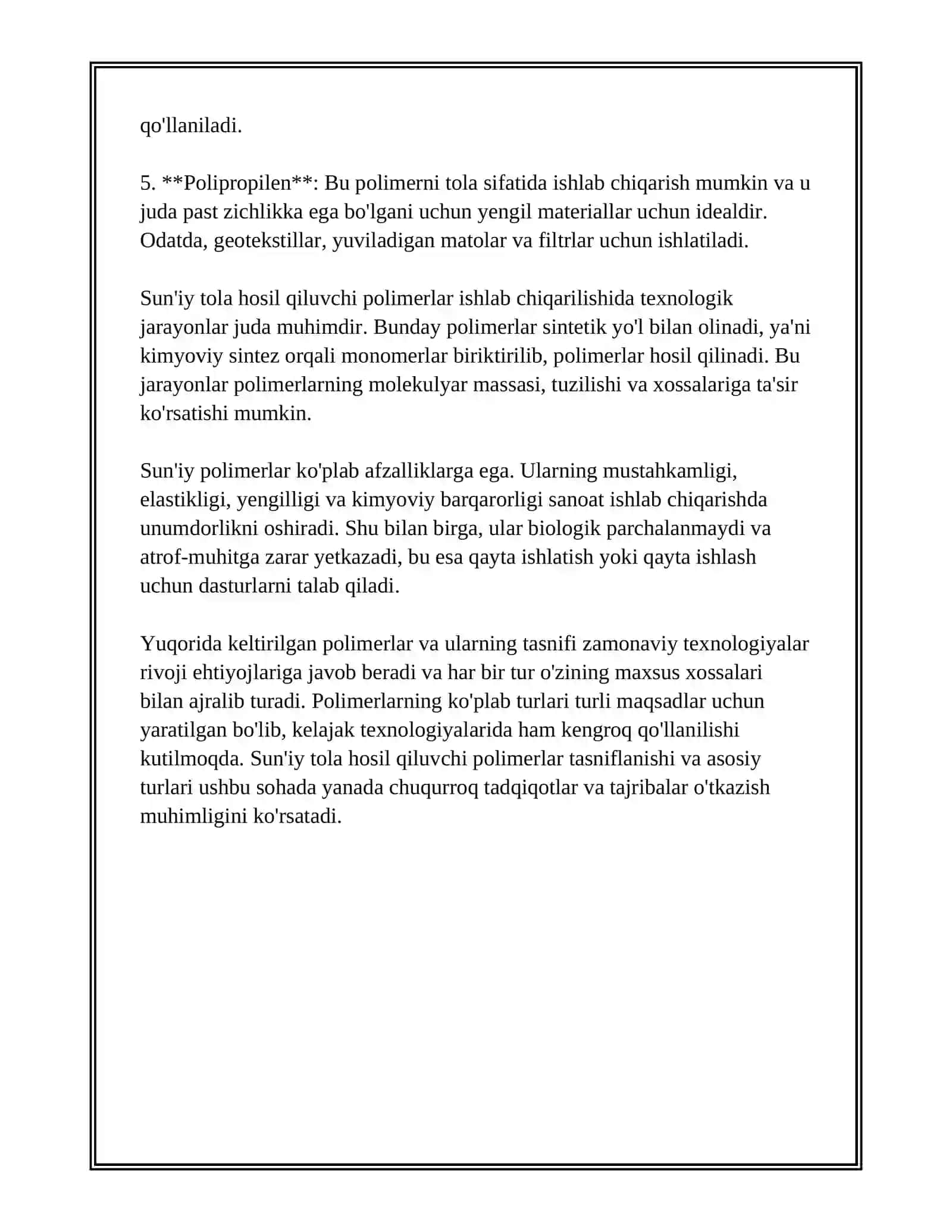 SUN'IY TOLA HOSIL GILUVCHI POLIMERLAR OLINISHI, XOSSALARI 4