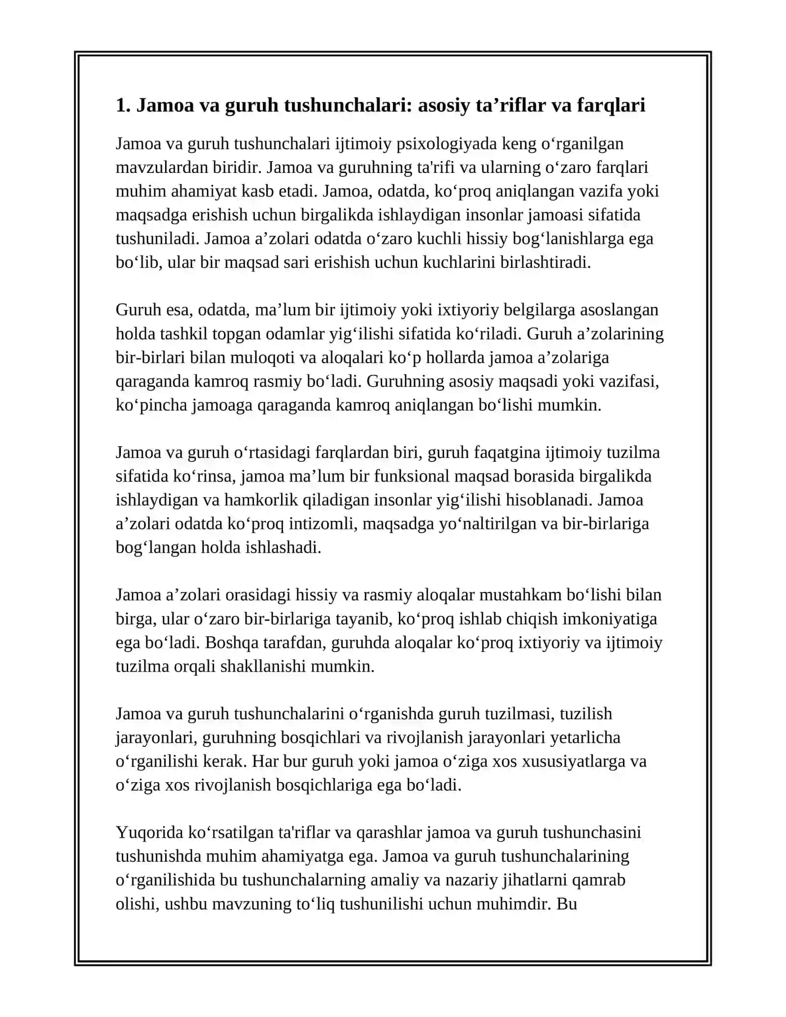 JAMOA VA GURUH TUSHUNCHALARI. KICHIK GURUHLAR KLASSIFIKATSIYASI. GURUHDA O‘ZARO MOSLIK VA PSIXOLOGIK MUHIT. GURUHIY QAROR QABUL QILISH VA UNING OMILLARI. GURUHDA BOSHQARUV MUAMMOSI. KONFORMIZM VA UNING OQIBATLARI. IJTIMOIY TA’SIR (FASILITATSIYA VA INGIBITSIYA HODISASI). LIDERLIK. LIDERLIK USULLARI VA NAZARIYALARI. SUPERLIDERLIK VA UNING SHAKLLANISH BOSQICHLARI 4