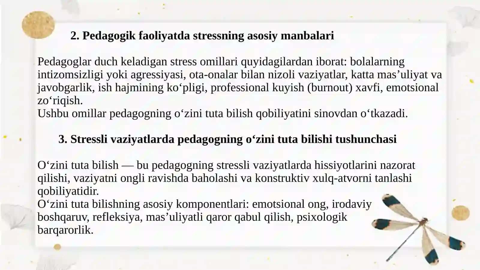 Mavzu: Stress livaziyatlari da pedagogning o‘zini tutabilishi: nafas, mashqlari va muvozanat saqlash texnikalari 4