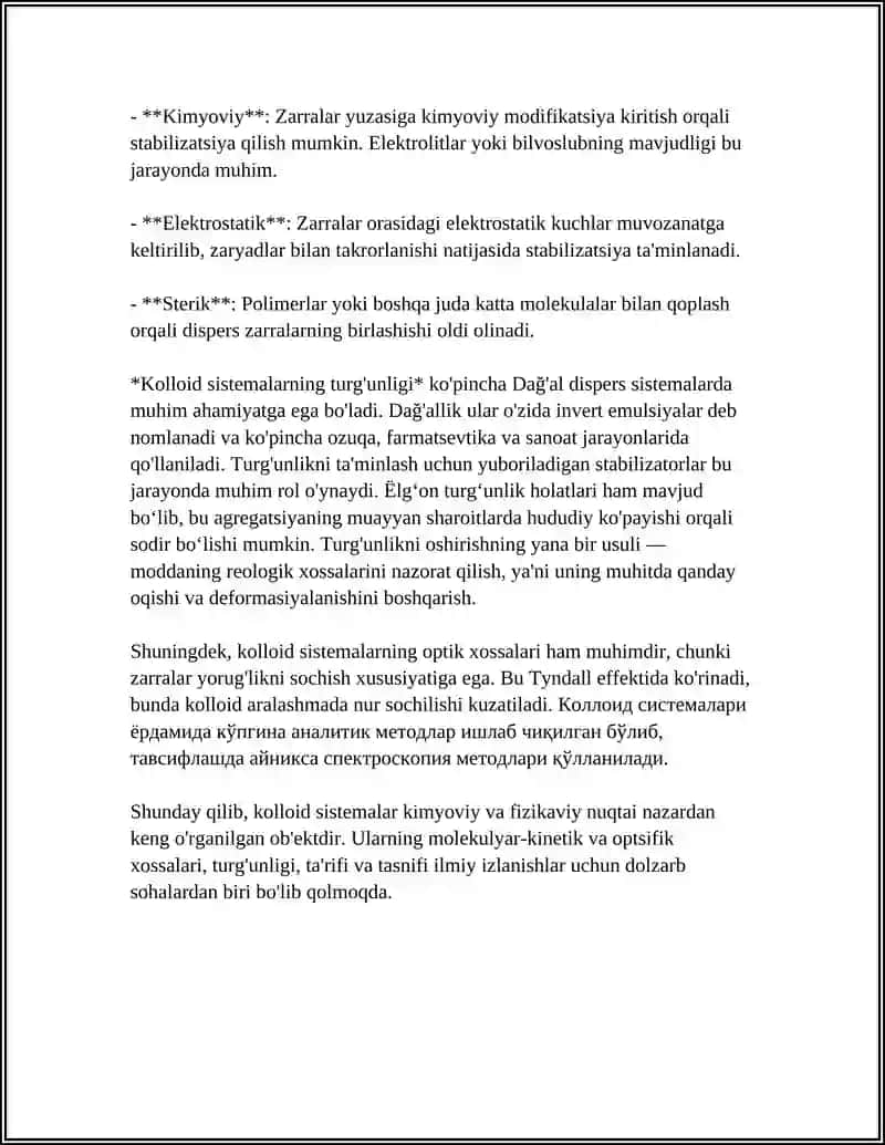 KOLLOID SISTEMALARNING MOLEKULYAR-KINETIK VA SPETSIFIK XOSSALARI KOLLOID SISTEMALARNING TURGʻUNLIGI.DAGʻAL DISPERS SISTEMALAR 4