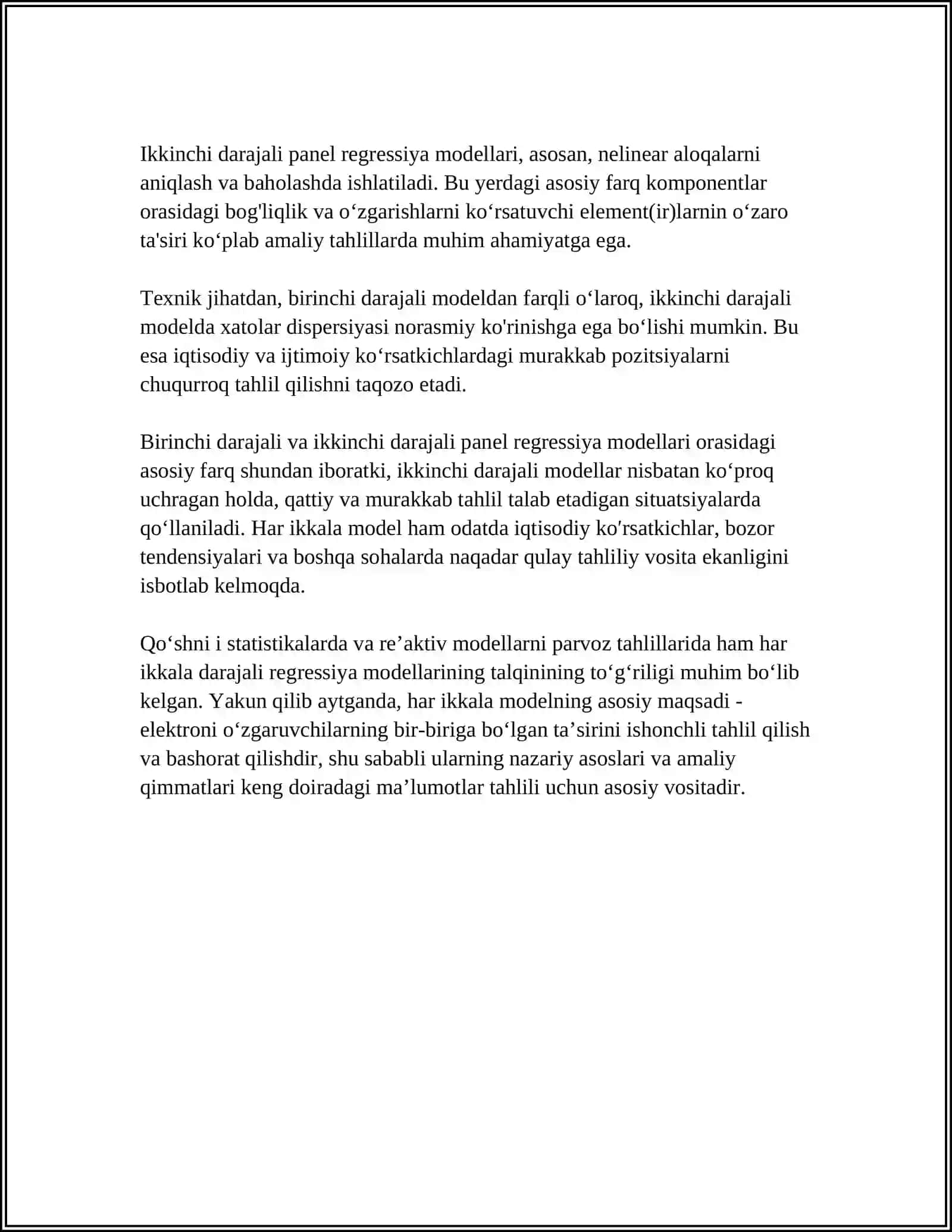 BIRINCHI DARAJALI VA IKKINCHI DARAJALI PANEL REGRESSIYA MODELLARINI SOLISHTIRISH 4