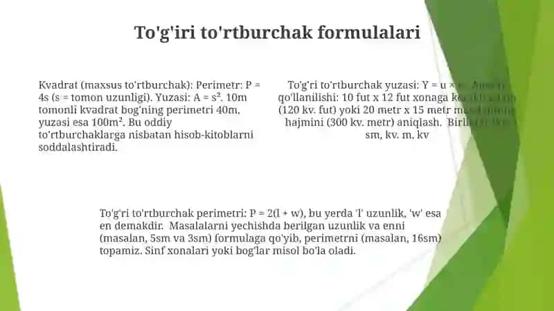 Tògri to‘rtburchak va kvadratning perimetri va yuzaga doir masalalar yechishga òrgatish 4