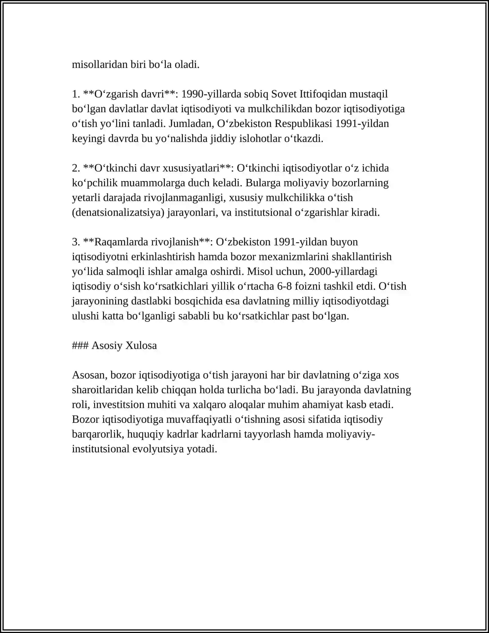 MUSTAQIL ISH Mavzu: BOZOR IQTISODIGA O‘TISHNING ASOSIY TAMOYILLARI. O‘ZBEKISTONNING O‘ZIGA XOS IJTIMOIY-IQTISODIY YANGILANISH YO‘LINI TANLASHI 4