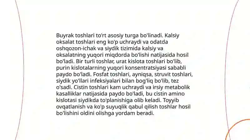 Buyreaklarda Urat toshlarining hosil bo'lishi, davolash yo'llari va oratsiduriya sabablari 4
