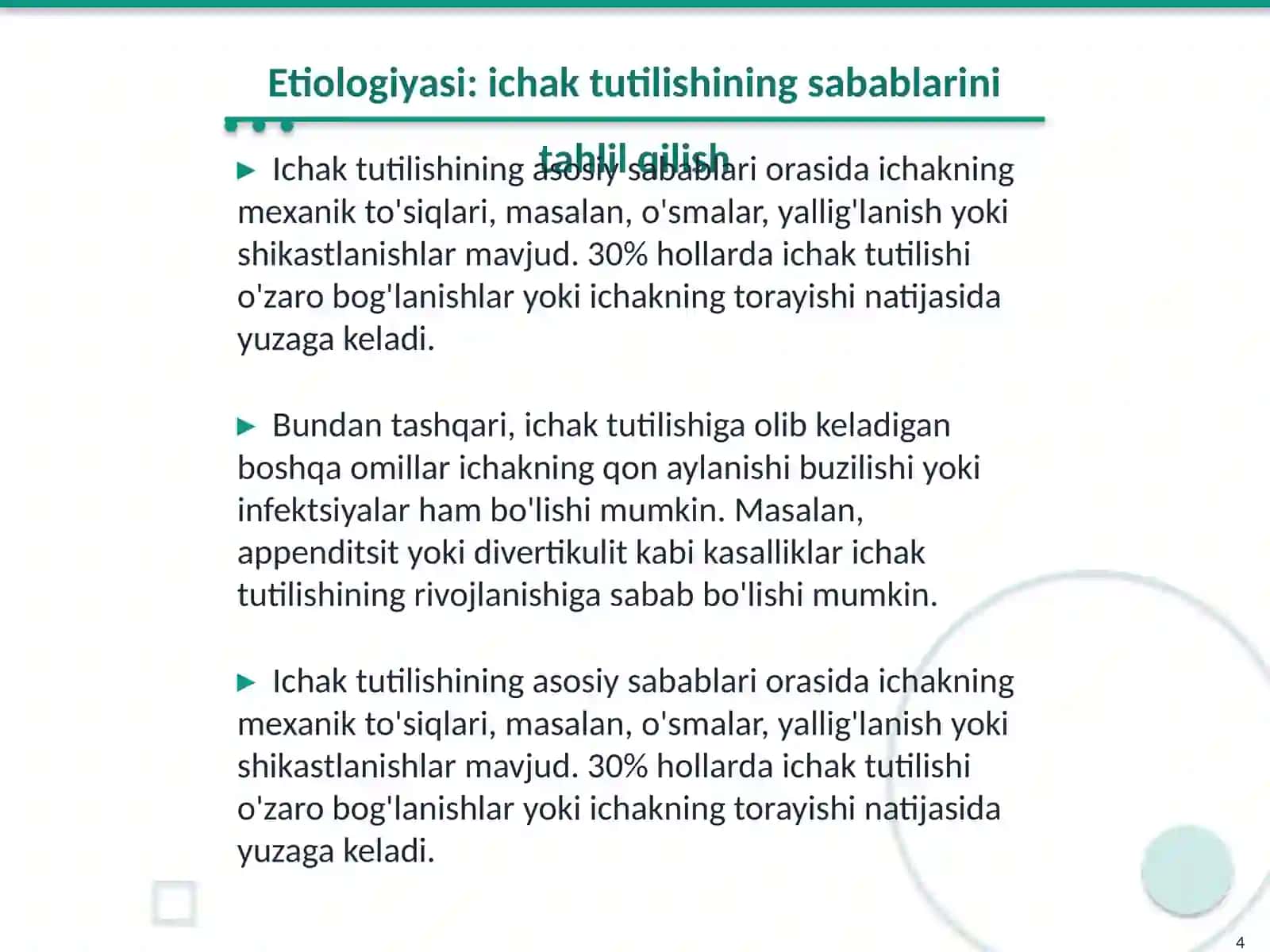 Ichak tutilish Etiologiyasi,patogenezi, anatomik joylashuvi, kilinik kechishi, klassifikatsiyasi,tashxisi,diagnostikas,davolash 4