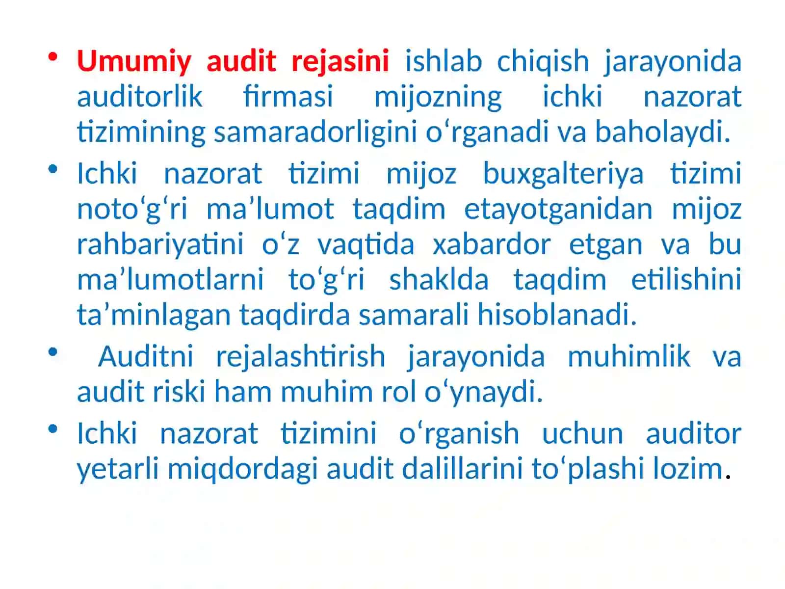 Audit rejalashtirishning asoslari va audit tekshiruvi texnologiyasi 4