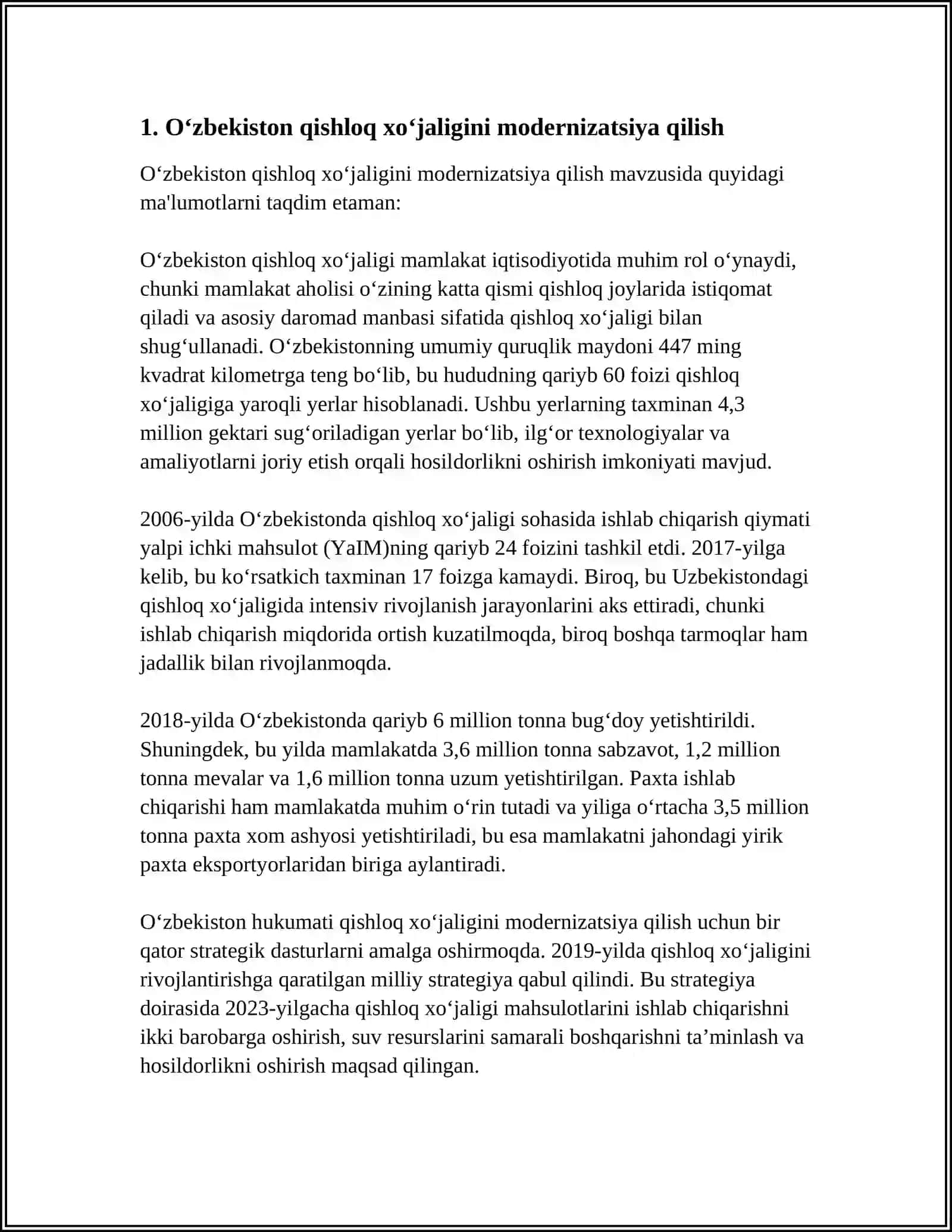 O‘ZBEKISTON RESPUBLIKASI QISHLOQ XO‘JALIGINI MODERNIZATSIYA QILISH 4