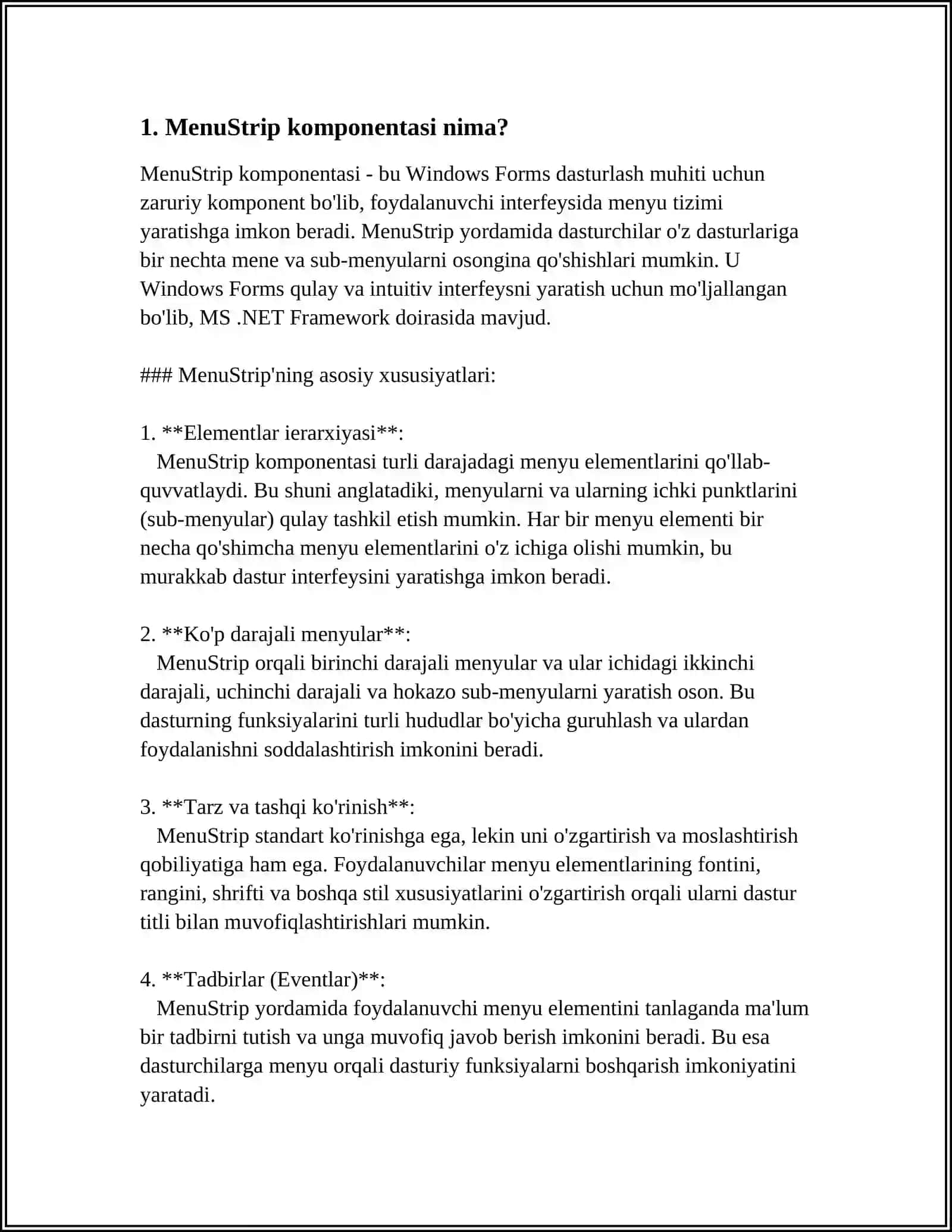 VISUAL STUDIO MUHITIDA MENUSTRIP KOMPONENTASI. UNING XOSSALARI, HODISALARI,METODLARI. UNGA OID MISOLLAR 4