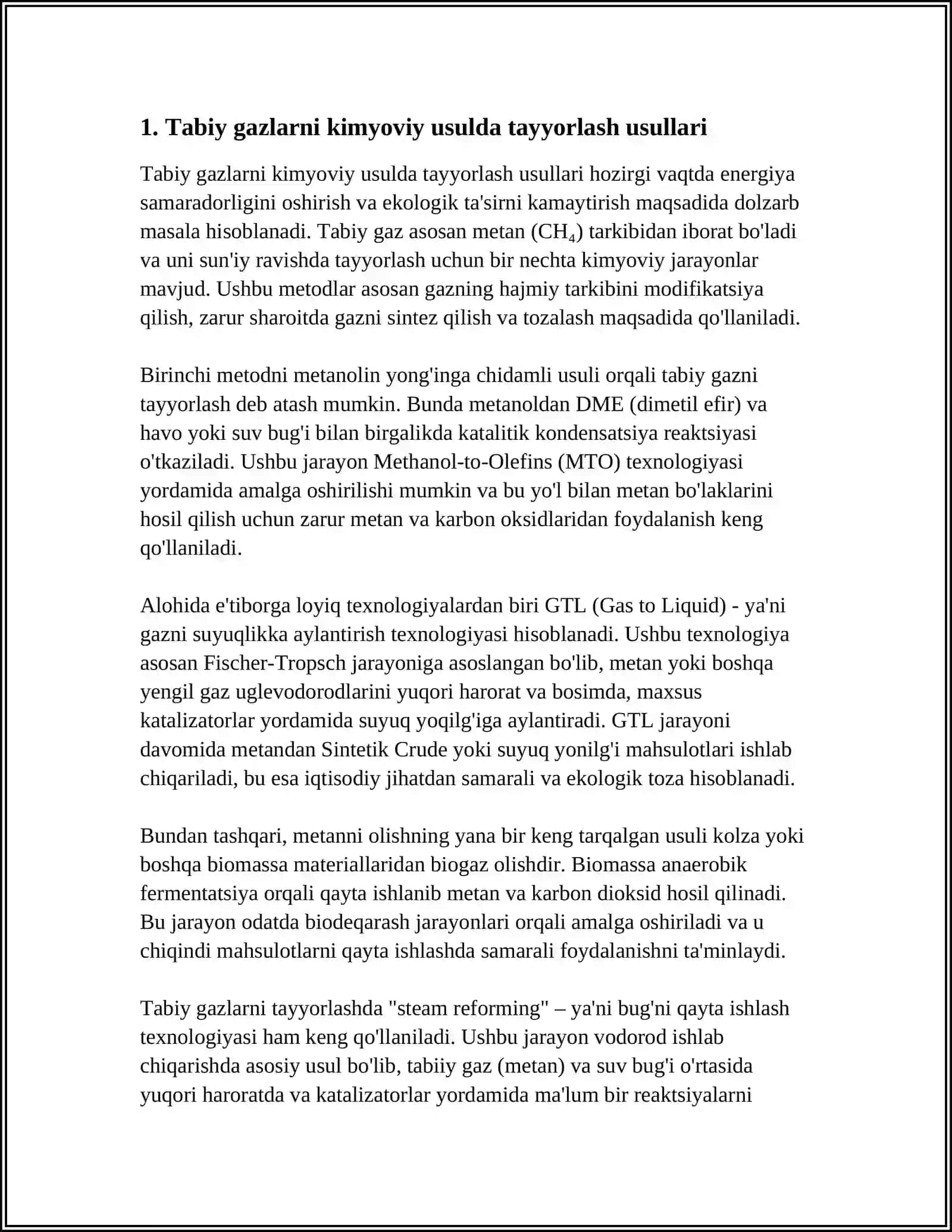 MUSTAQIL ISH Mavzu: TABIIY GAZLARNI KIMYOVIY USULDA TAYYORLASHNING ISHLAP CHIQARISHDA QOʻLLANILISHI VA KAMCHILIKLAR 4