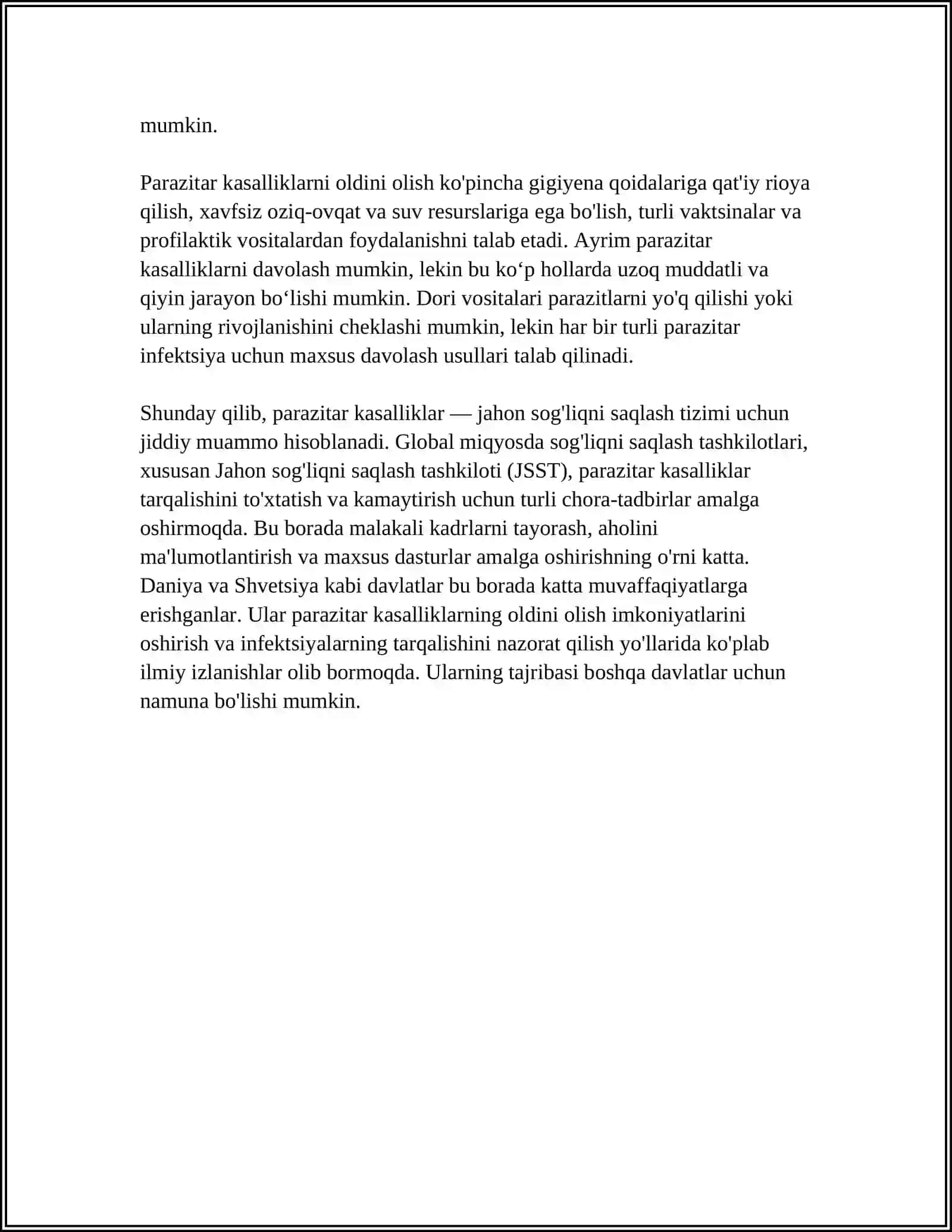 AHOLI O’RTASIDA PARAZITAR KASALLIKLARNI ANIQLASH VA OLDINI OLISHDAN LABARATOR TEKSHIRISH USULLARNING AXAMIYATI 4